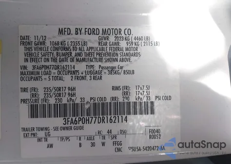 2013 Ford Fusion Se z USA, uszkodzony, nr VIN 3FA6P0H77DR162114